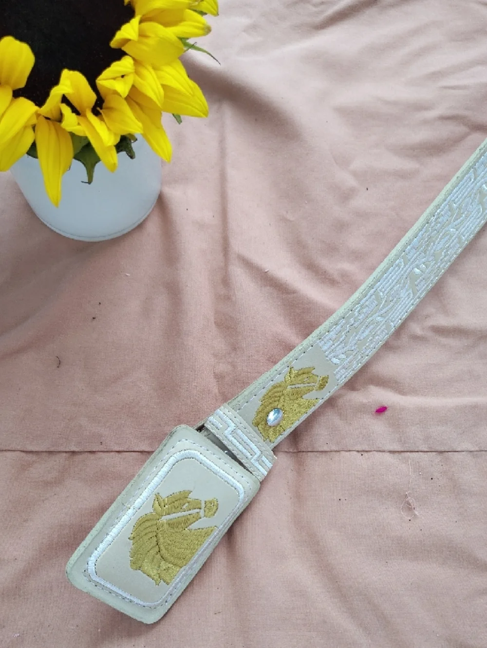 Embroidered Gold Unicorn White Leather Belt